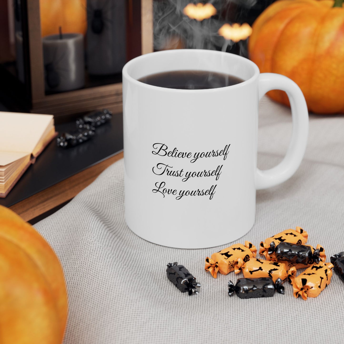 White Ceramic Wellness Mug – Elements of Goodness with empowering phrases