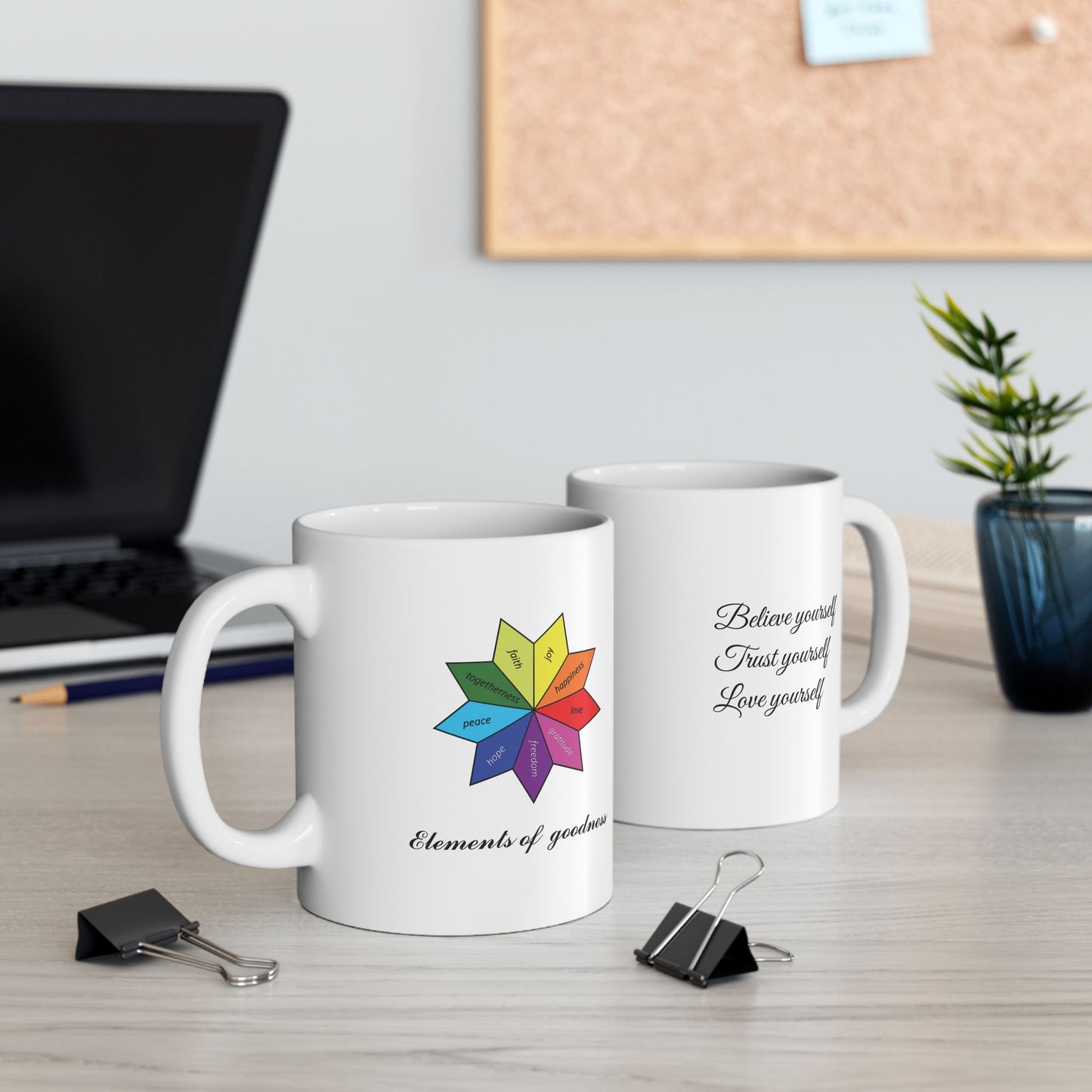 White Ceramic Wellness Mug – Elements of Goodness with empowering phrases