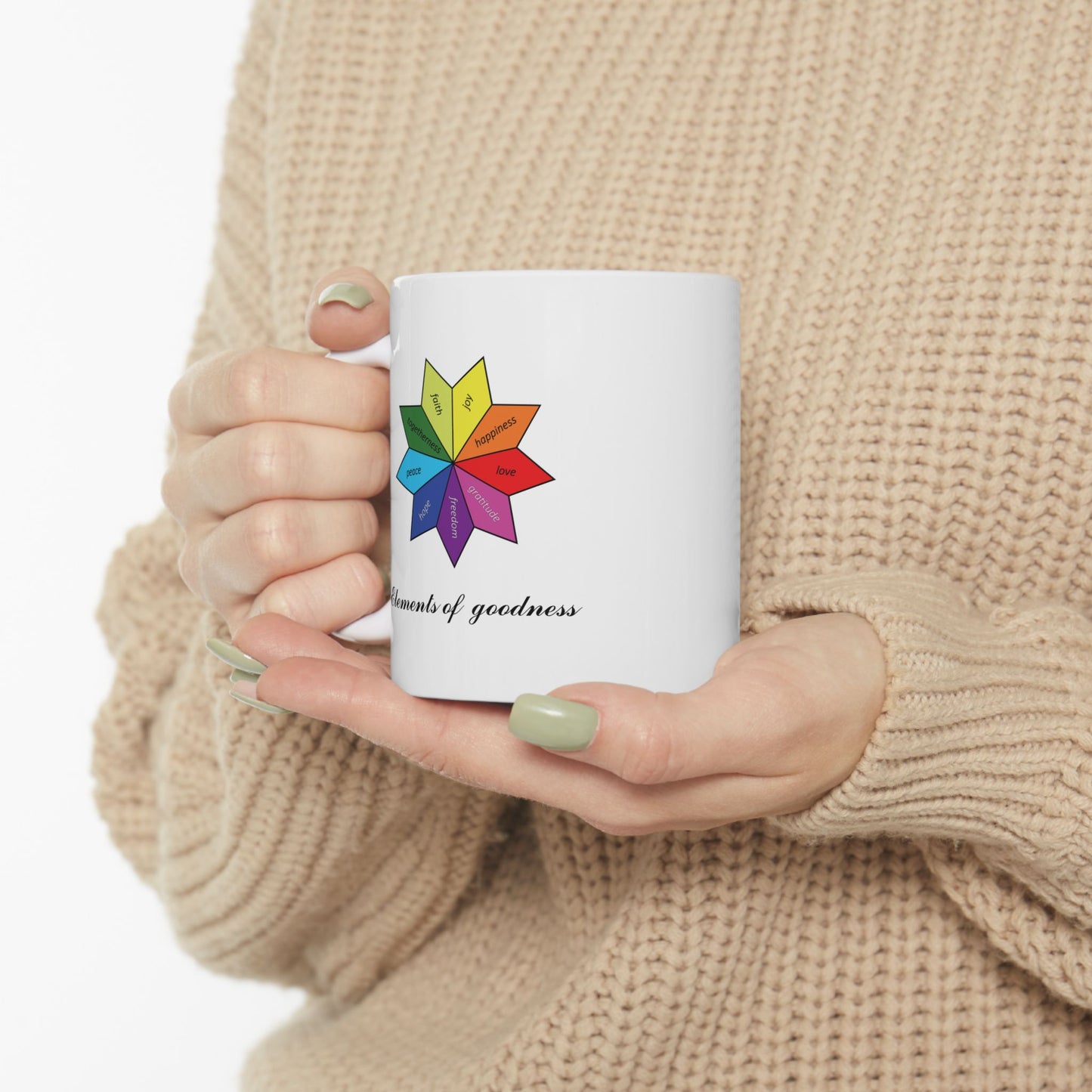White Ceramic Wellness Mug – Elements of Goodness with empowering phrases