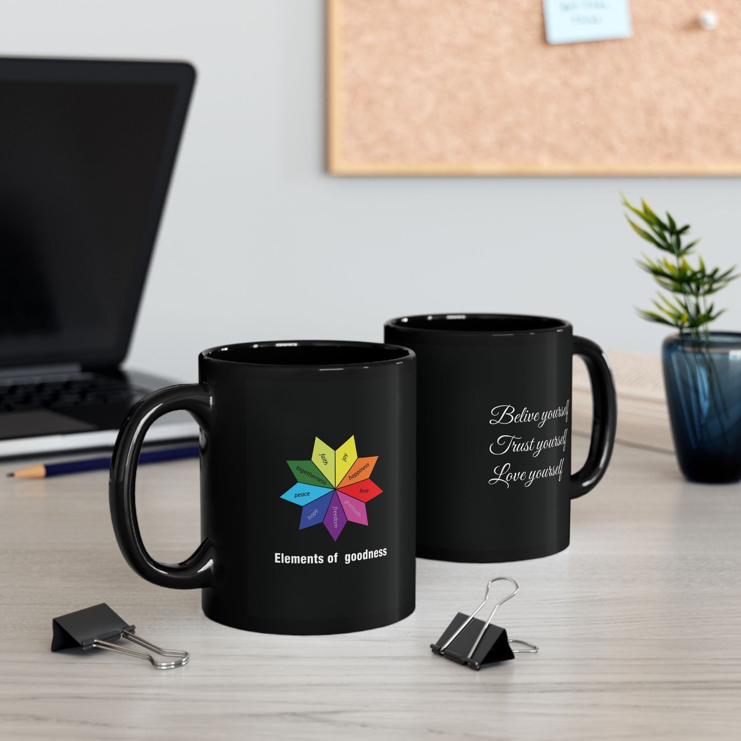 Black Ceramic Wellness Mug - Elements of Goodness with empowering phrases