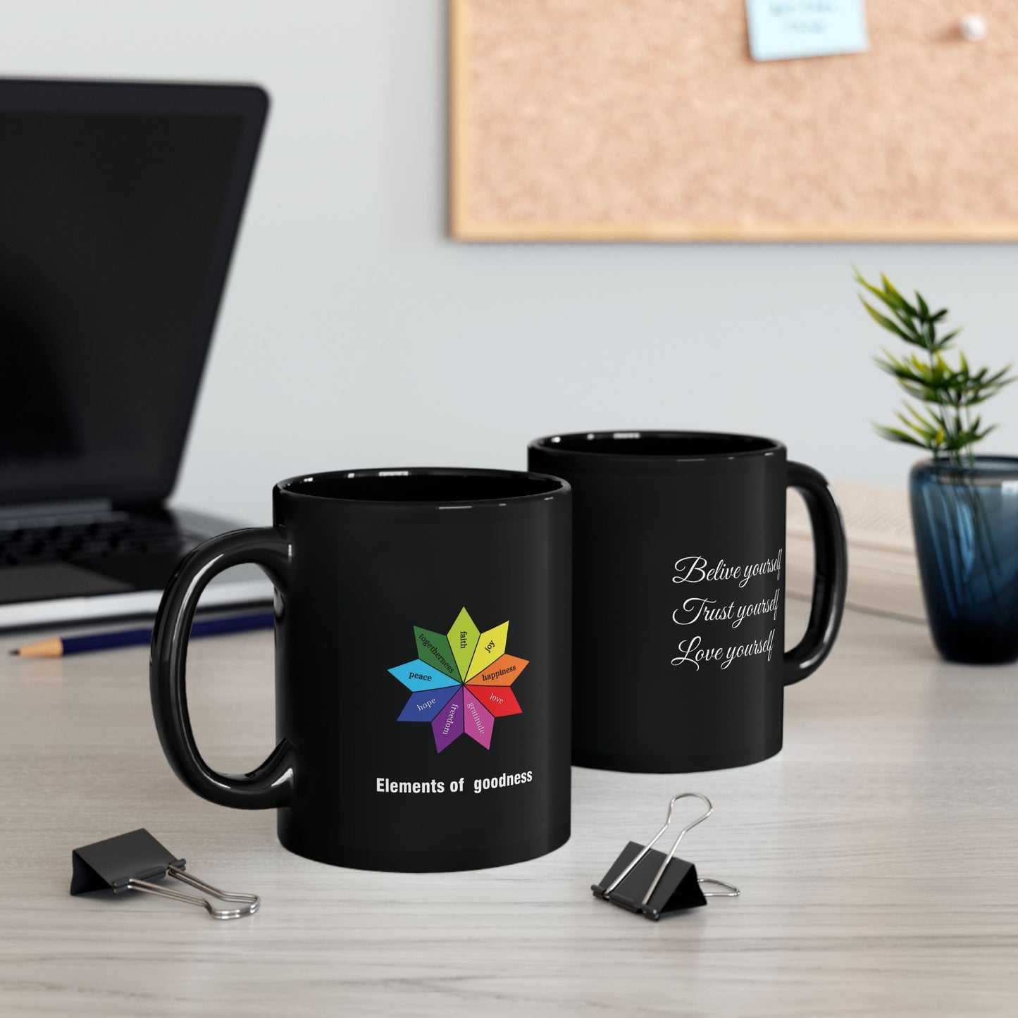 Black Ceramic Wellness Mug - Elements of Goodness with empowering phrases